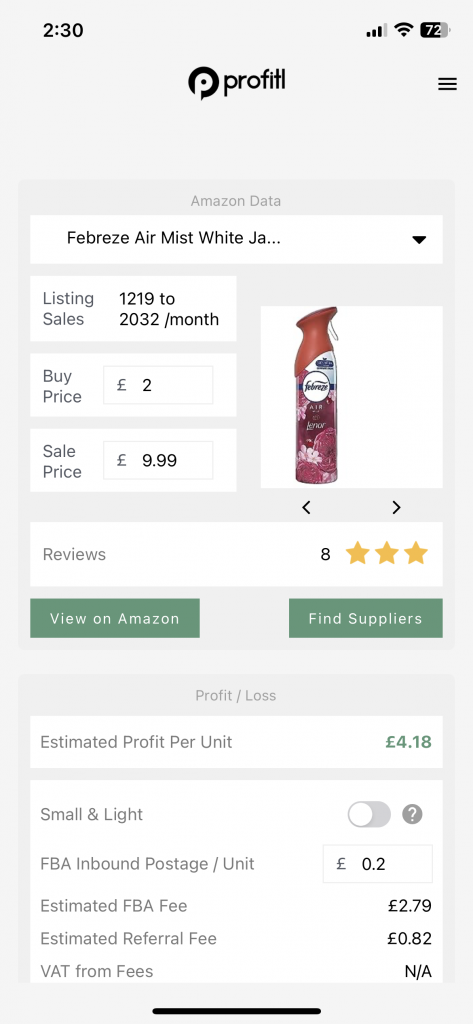 Screenshot showing the new 'View on Amazon' button and 'Find Suppliers' button. 